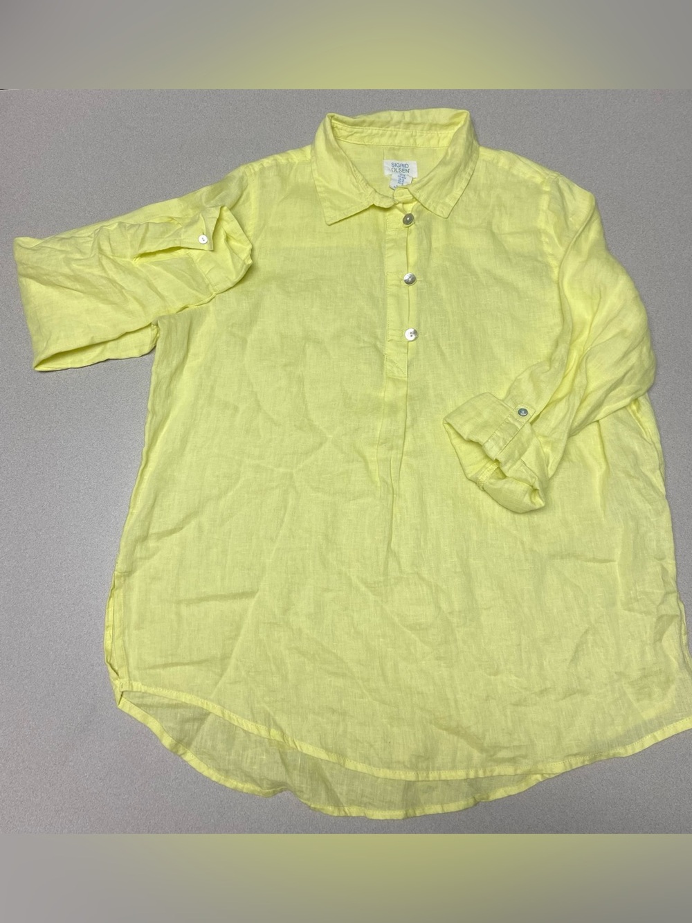 Sigrid Olsen 100% Linen Yellow Collared Shirt Womens M Button Summer Breathable